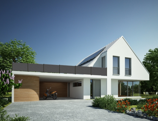 Einfamilienhaus mit einem Balkongeländer aus Aluminium mit Querlatten und Sichtschutz in anthrazit