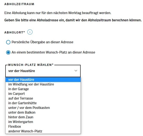 Auswahl des Abholortes auf der Homepage der österreichischen Post