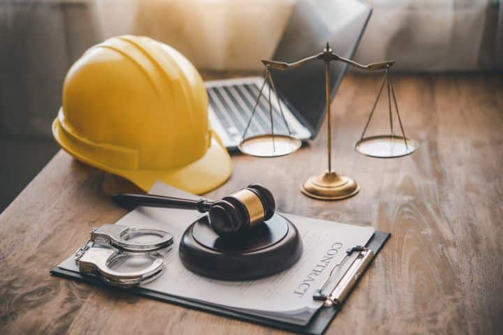 Richter-Hammer, Waage, Handschellen und gelber Helm eines Bauarbeiters stehen auf einem Holztisch