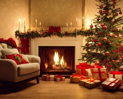 Gemütliches Zimmer mit Kamin und Weihnachtsbaum und festlicher Dekoration