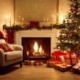 Gemütliches Zimmer mit Kamin und Weihnachtsbaum und festlicher Dekoration