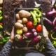 Die Hände eines Bauerns sind zu sehen, der eine Kiste voller Gemüse hält