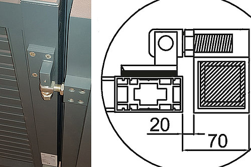 Skizze und Foto des GUARDI Comfortbandes, das große Öffnungswinkel bei Toren ermöglicht