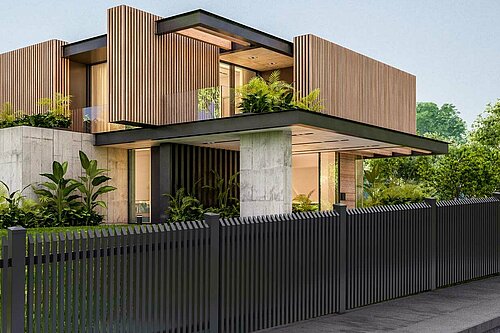 Außergewöhnlicher Lattenzaun aus Aluminium in anthrazit vor einem modernen Holzhaus mit Design