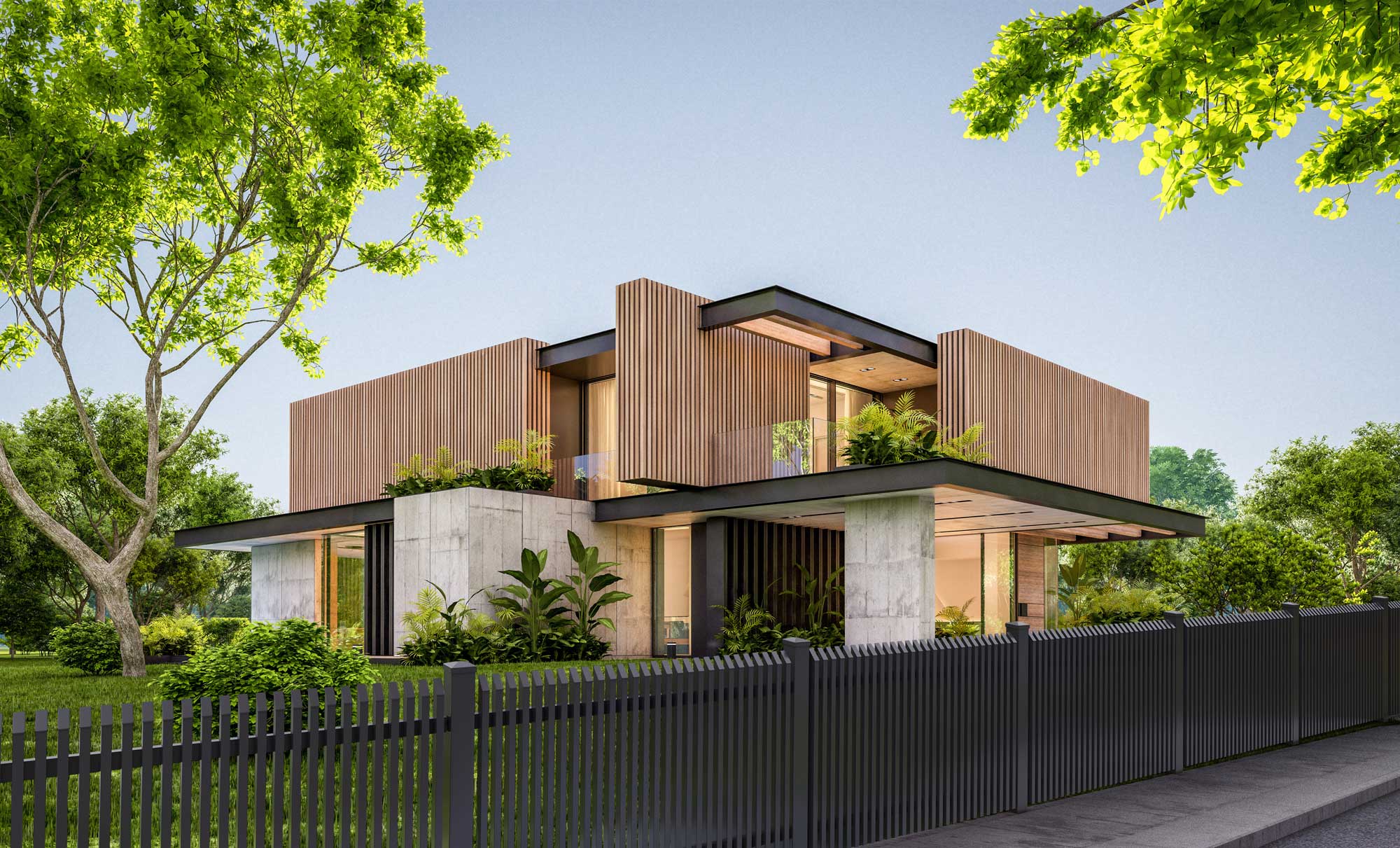 Außergewöhnlicher Lattenzaun aus Aluminium in anthrazit vor einem modernen Holzhaus mit Design