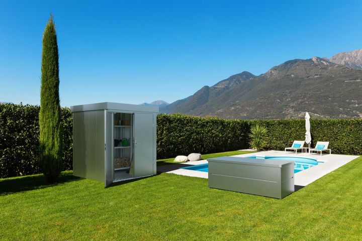 Zu sehen ist eine Guardi Gartenhütte und Gartenbox