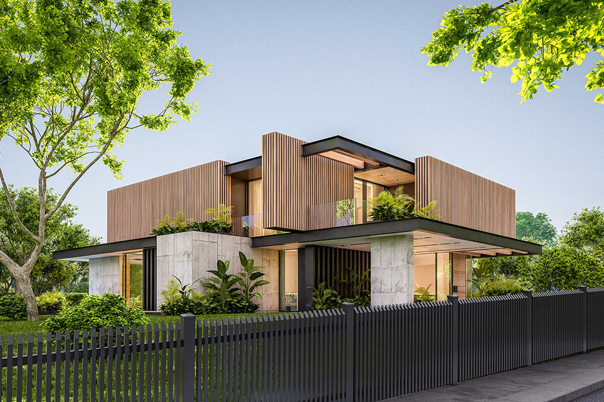 Stilvoller Zaun aus Aluminium in Anthrazit als Abgrenzung vor Architektenhaus